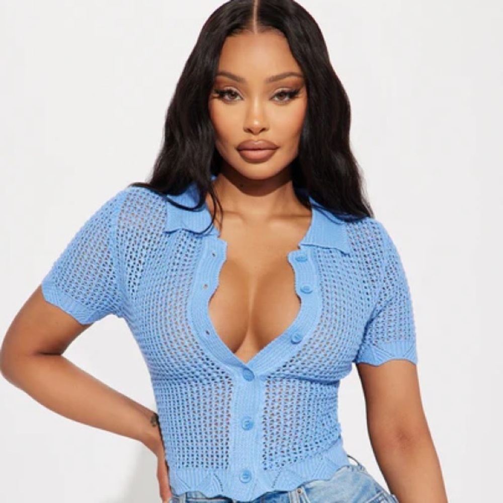 Fashion Nova Light Blue Knit Button-Up Blouse